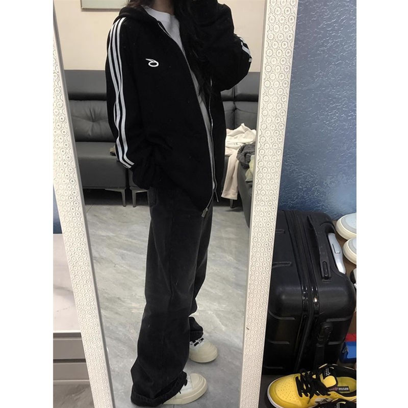 春秋季oversize美式三条杠开衫连帽重磅卫衣男女潮牌慵懒情侣外套