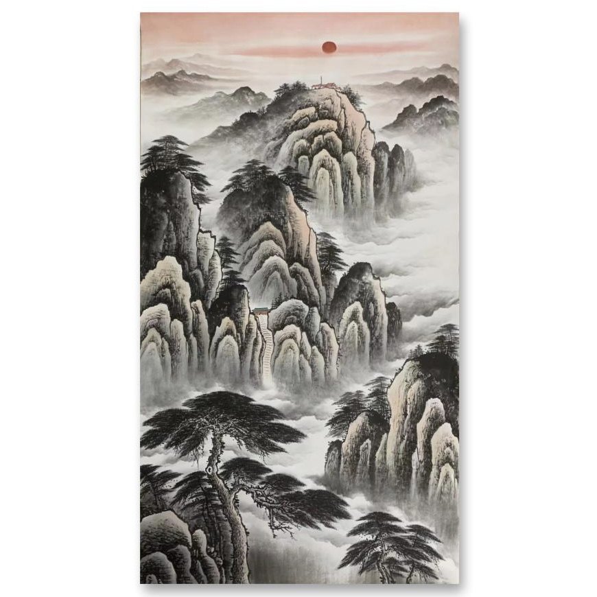 定制纯手绘 泰山日出玄关山水画 客厅挂画办公室沙发新中式装饰画