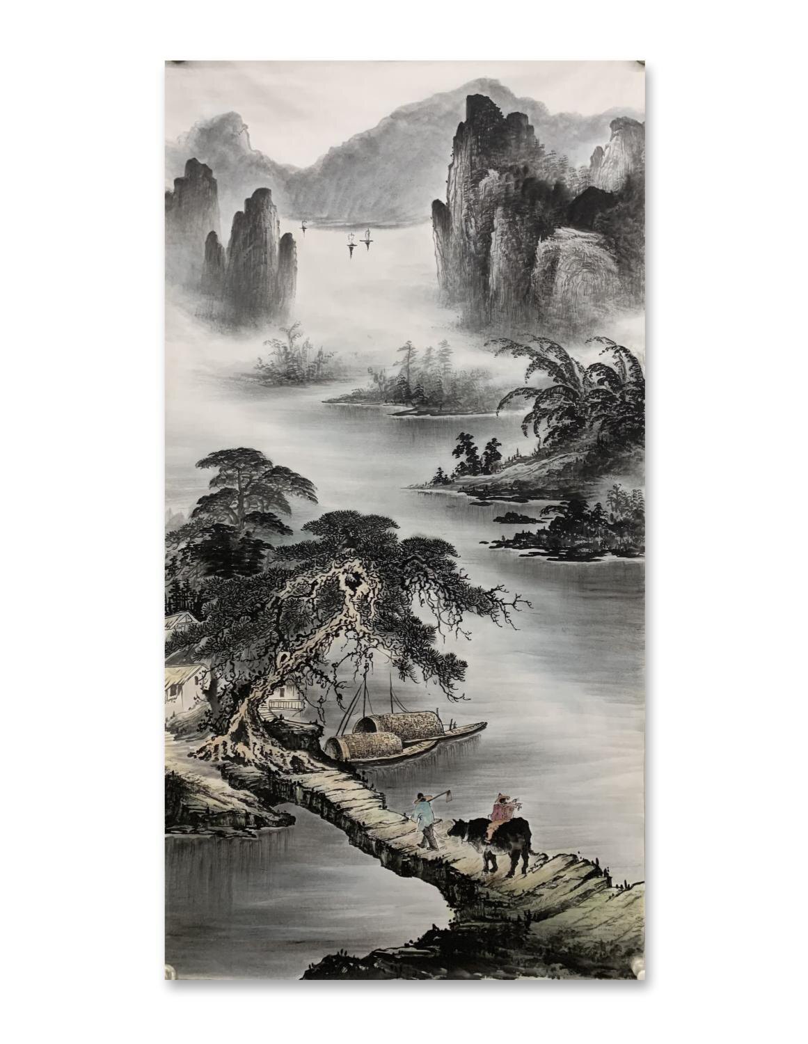 定制纯手绘山水画 牧牛图玄关国画 现代客厅茶室水墨画办公室挂画