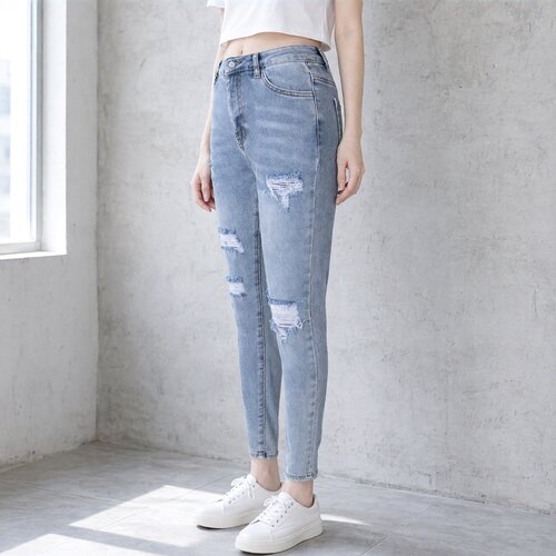 破洞牛仔裤女高腰修身毛边九分裤