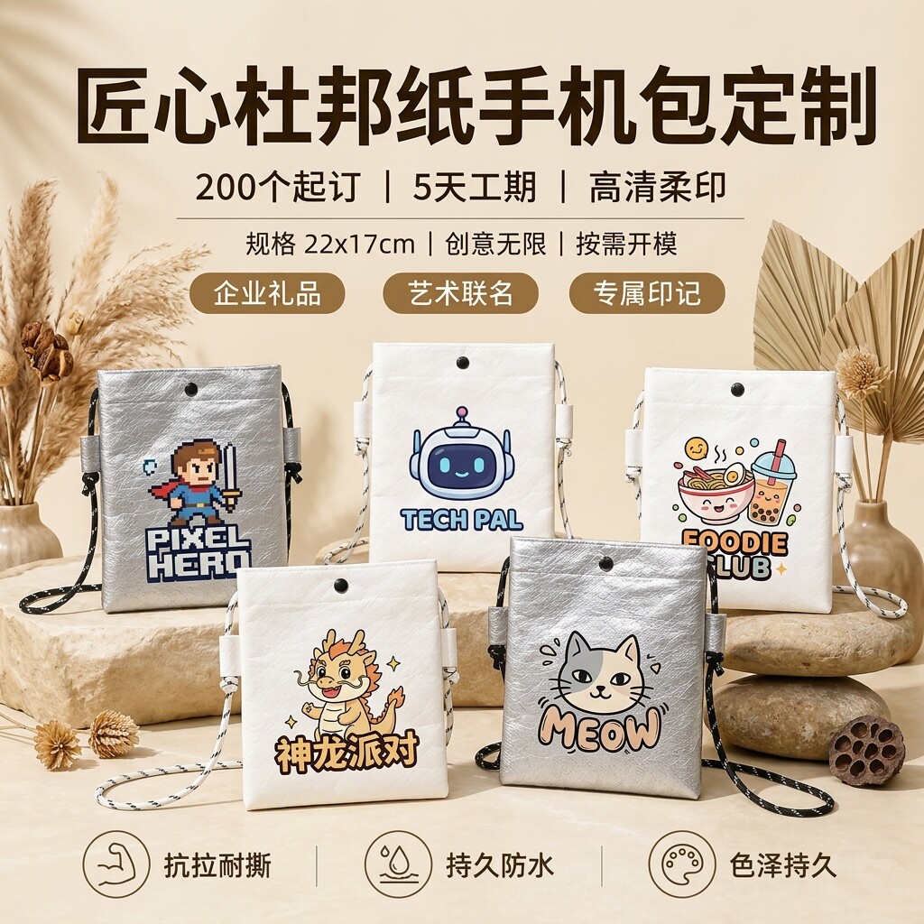 可爱手机包斜挎包定制加印logo水洗牛皮纸手提袋环保杜邦纸袋