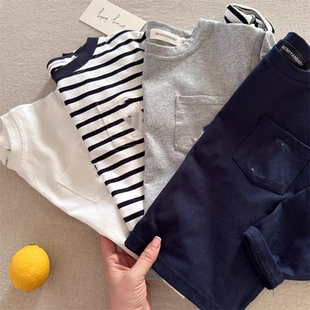 男童长袖T恤纯棉A类春秋卡通内搭薄款宝宝T条纹打底衫口袋女童T恤