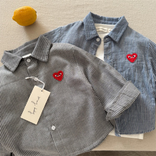 2025秋 竖条纹爱心春秋宝宝翻领衬衣A类柔软日系童装 男童衬衫 长袖