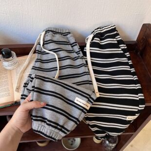 男女童灯笼裤加绒条纹秋冬款宝宝束脚裤一体绒2025冬季童装童裤潮