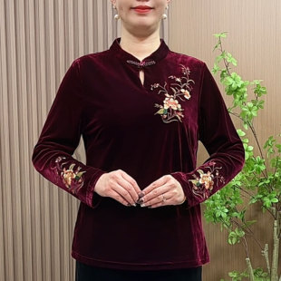 绣花立领改良旗袍衫 春秋复古长袖 中老年女装 妈妈秋冬气质丝绒小衫