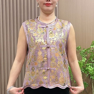 高端雪尼尔国风马甲女中老年妈妈装 盘扣马夹红色过年衣服 新中式