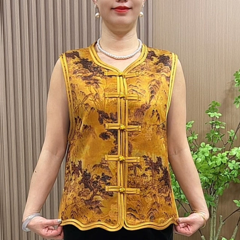 妈妈春装国风缎面马夹中老年女装新中式复古马夹中国风妈妈马甲