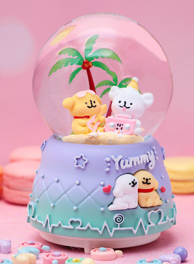 网红线条小狗水晶球八音盒自动飘雪旋转音乐盒女孩儿童生日礼物