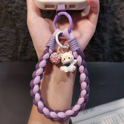新款挂绳手提腕绳黑棕编织棉绳吊坠挂件手机链女小猫吊饰挂脖少女