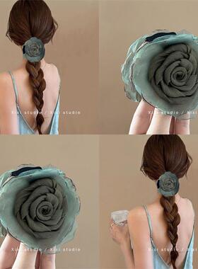 时尚后脑勺女鲨鱼盘发器高级玫瑰花墨绿色小号发量少抓夹发抓