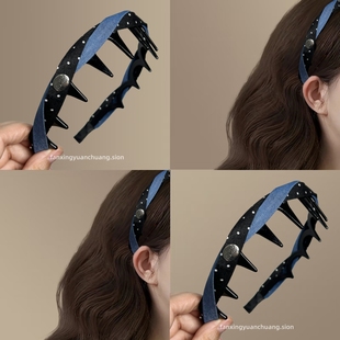 【靛蓝碎片】韩系波点牛仔发箍高颅顶头箍显脸小带齿防滑旅行发卡