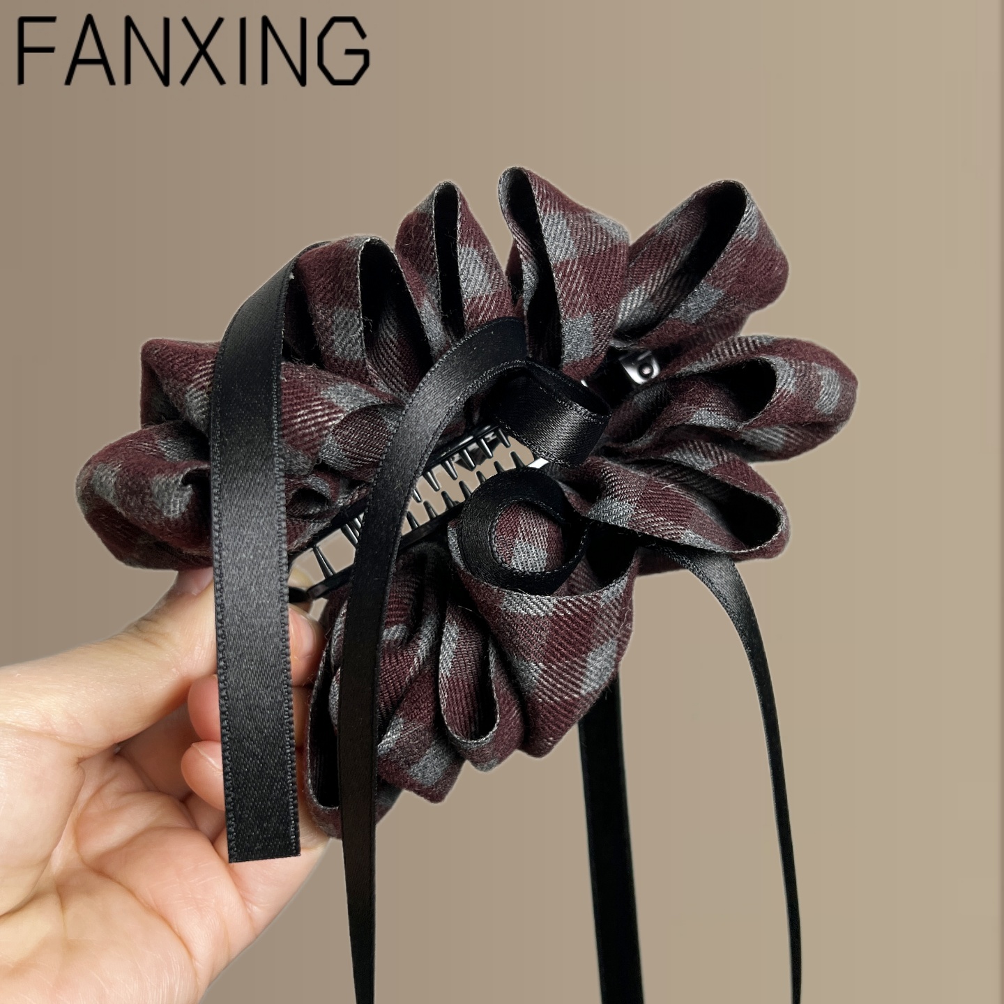 【伯德小姐】复古格纹蝴蝶结飘带抓夹气质外戴香蕉夹盘发旅行发卡