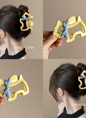 韩系蝴蝶结黄色小狗抓夹女高级感2025新款鲨鱼夹后脑勺盘发夹发饰
