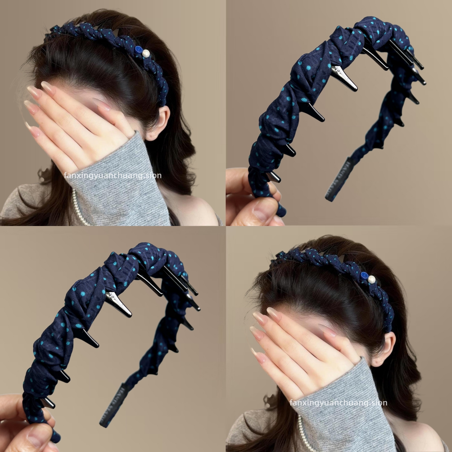 藏青色波点浪带齿发箍布艺高颅顶