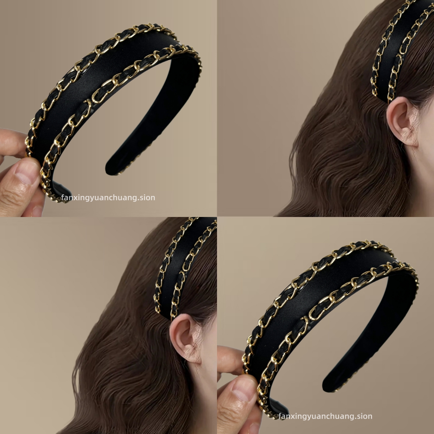 黑色小香风链条宽边发箍女