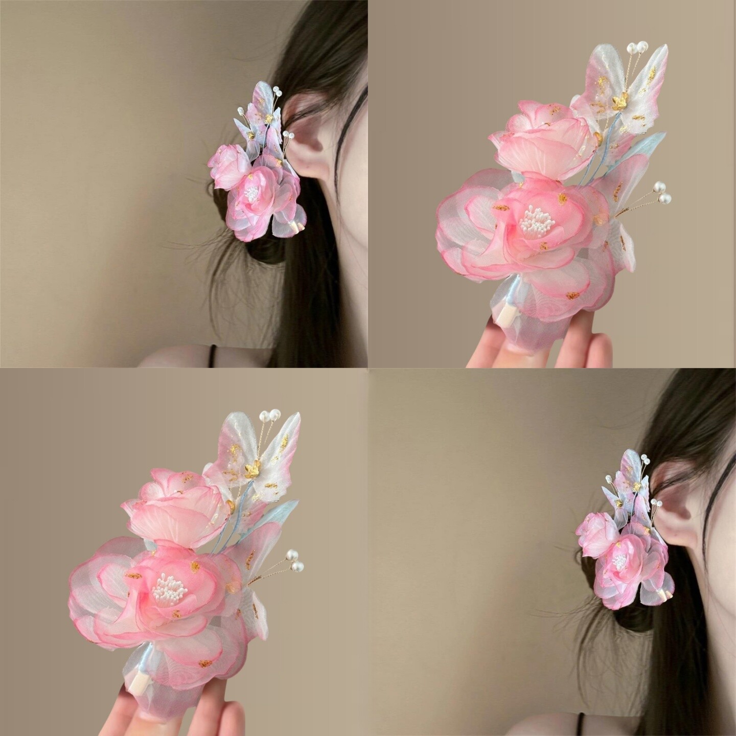甜美湛露~花朵发夹粉色绢纱