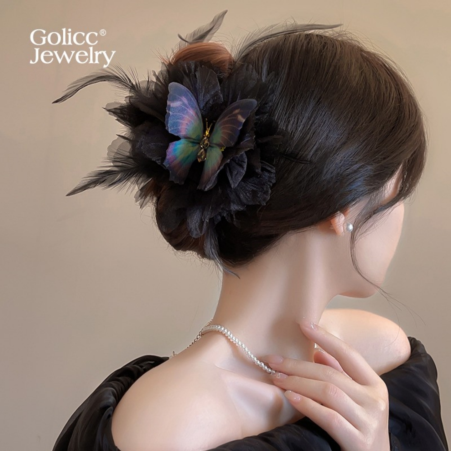 【今年爆款】蓝色蝴蝶羽毛发夹女后脑勺高端抓夹洋气时尚旅行发卡