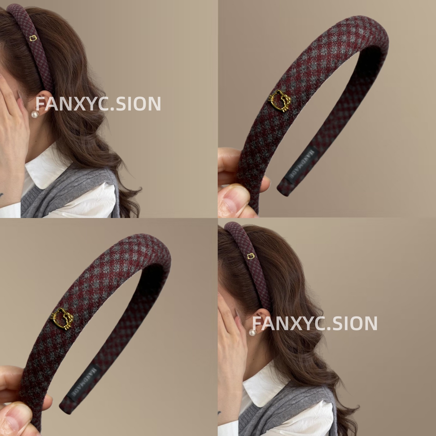 韩女学院风新款猫咪格纹头箍