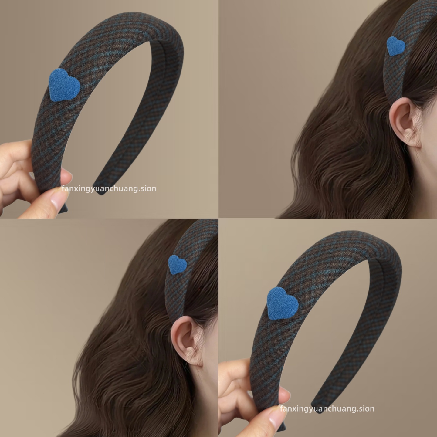 秋冬氛围感蓝橘格纹布艺发箍