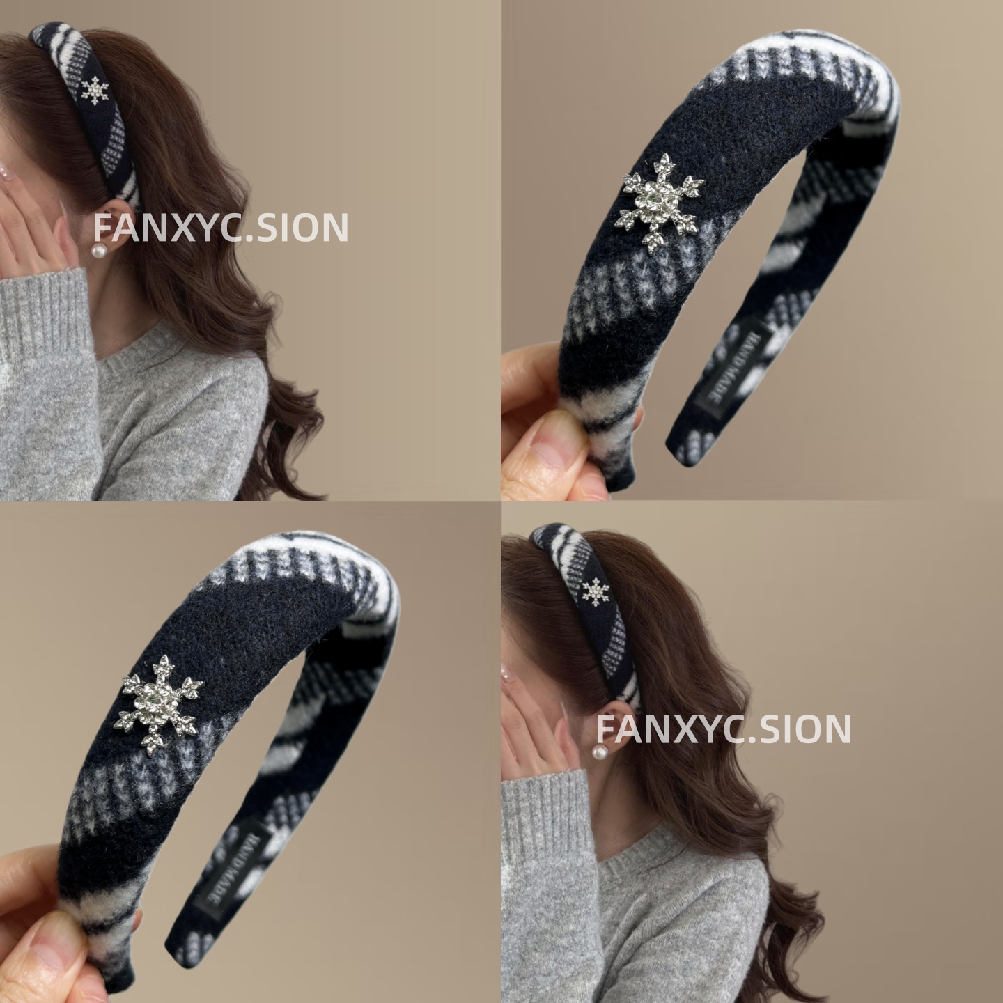 复古雪花格纹植绒发箍新款