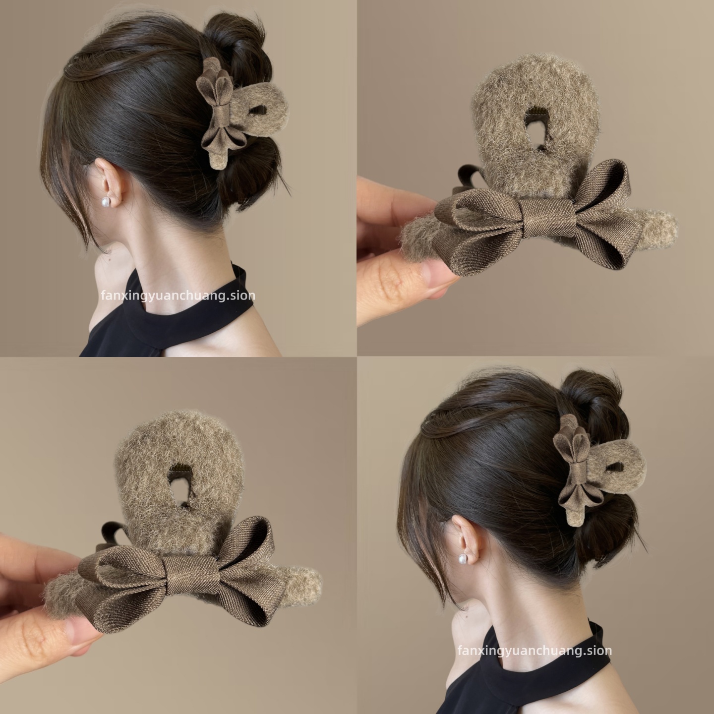 秋冬蝴蝶结羊毛绒发抓夹女