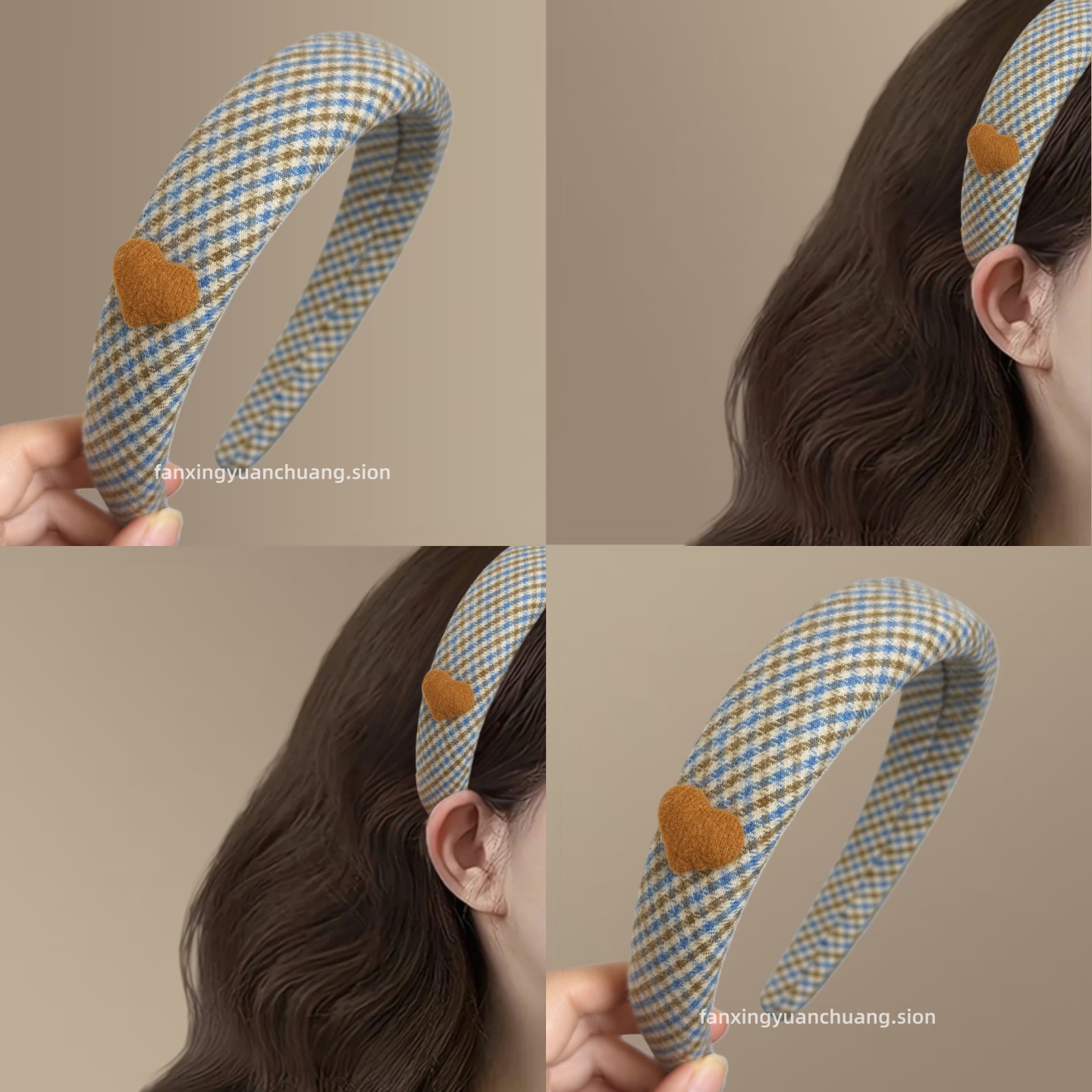秋冬氛围感蓝橘格纹布艺发箍