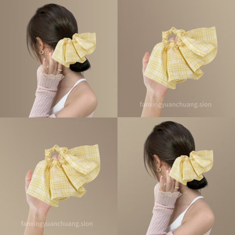 黄色清新~格纹大肠发圈韩系慵懒裙摆头绳甜美气质格子旅行发绳