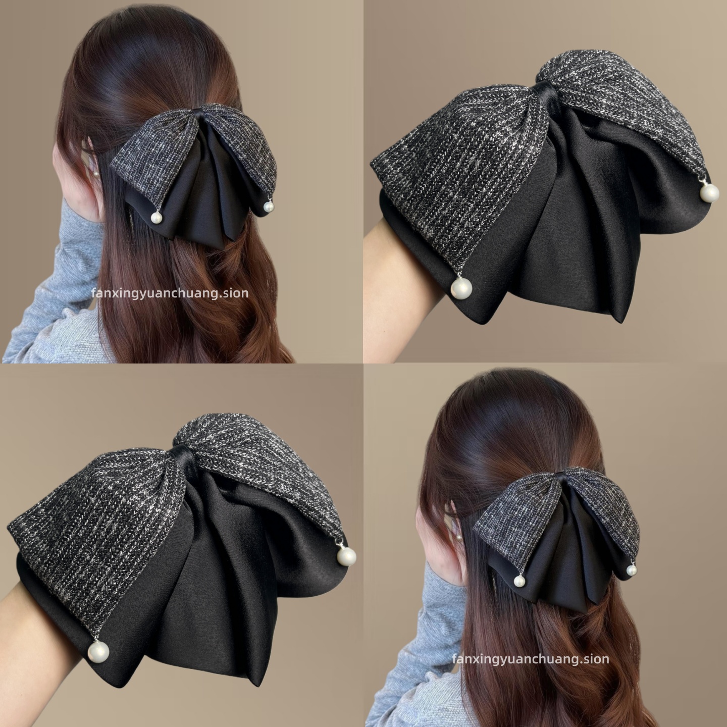 轻奢针织条纹呢绒马尾夹女