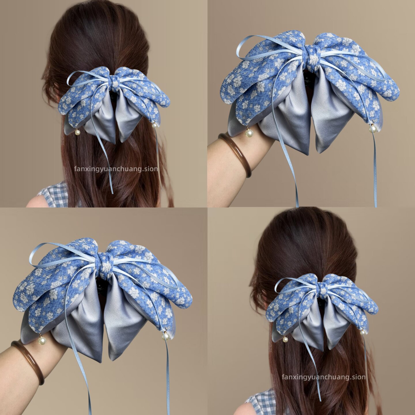 蓝色碎花蝴蝶结飘带马尾夹发夹