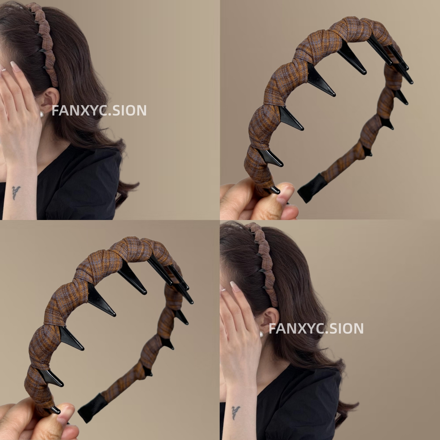 复古格子布艺缠绕带齿防滑发箍