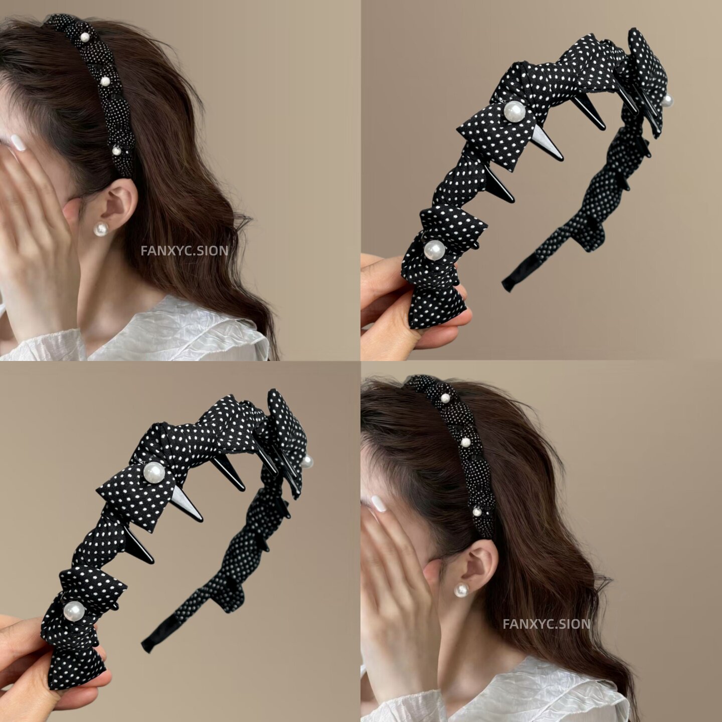 韩系珍珠蝴蝶结波点齿梳发箍