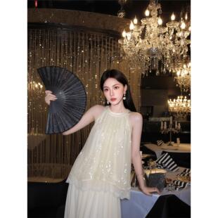 夏季新款轻奢高端设计衬衫女压褶亮片无袖挂脖A字摆显瘦上衣P0353