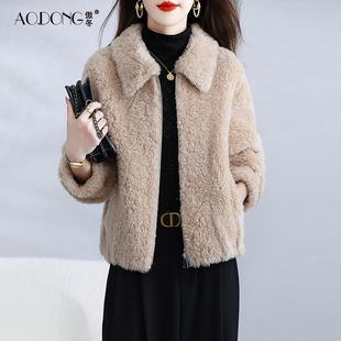海宁颗粒绒皮草外套女短款羊剪绒一体保暖拉链妈妈羊羔毛大衣冬季