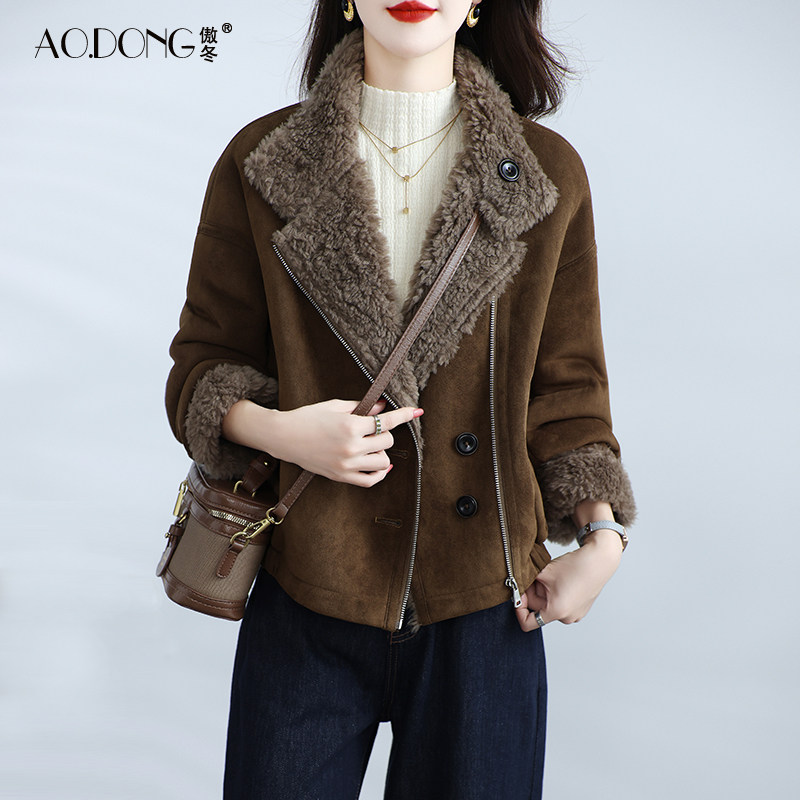 新款海宁颗粒绒皮草外套女短款加厚麂皮绒保暖夹克羊羔毛大衣冬季