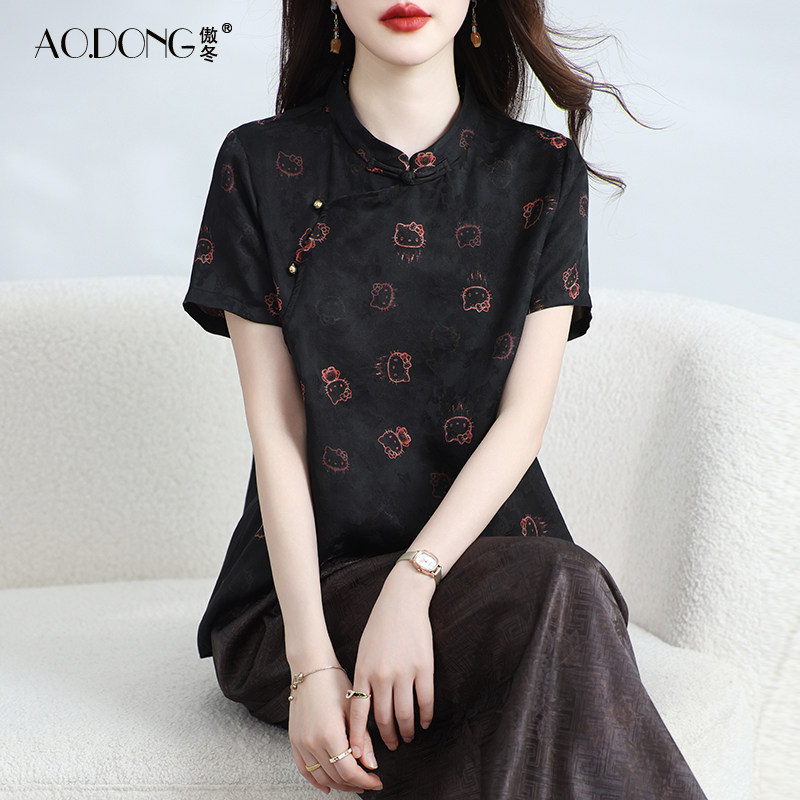 新中式真丝上衣女短袖印花修身桑蚕丝立领小衫显瘦妈妈T恤夏季