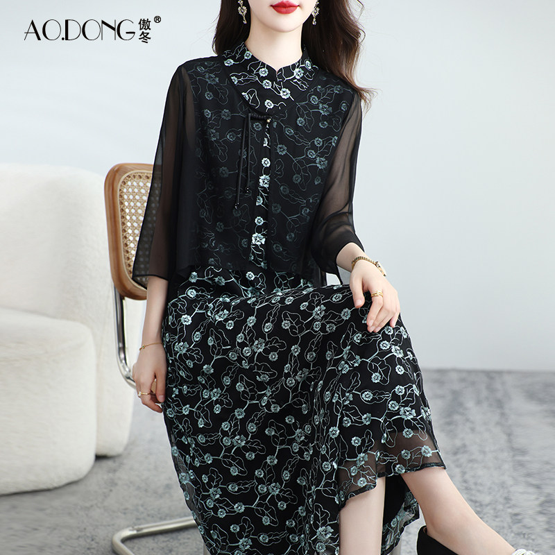 新中式两件套真丝连衣裙女刺绣桑蚕丝收腰显瘦立领优雅妈妈裙子夏