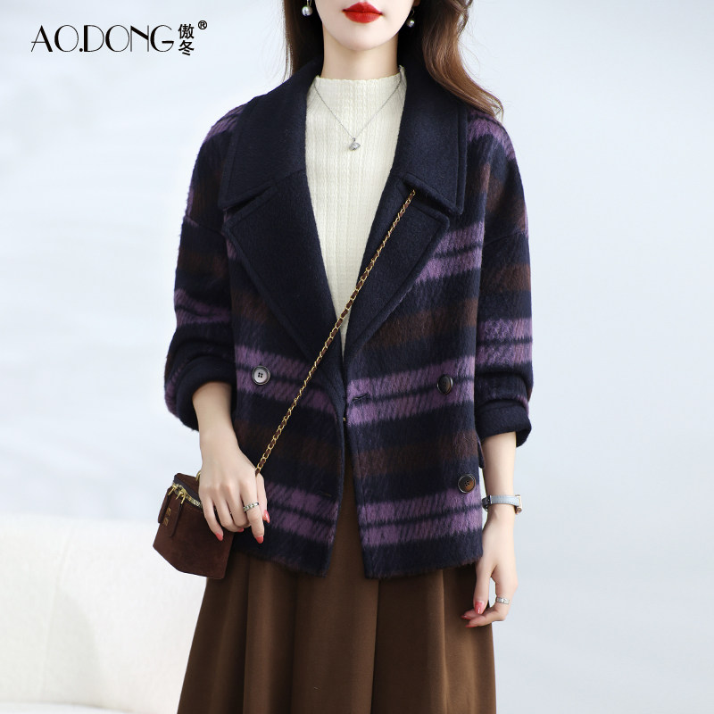 高级感双面绒大衣女短款羊毛呢小个子西装领显瘦千鸟格子外套秋冬