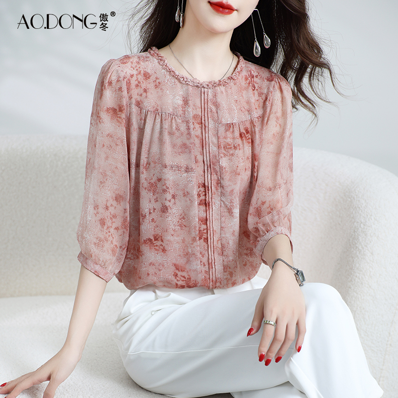 2025新款真丝上衣女妈妈印花桑蚕丝T恤清新甜美时尚显瘦小衫夏季