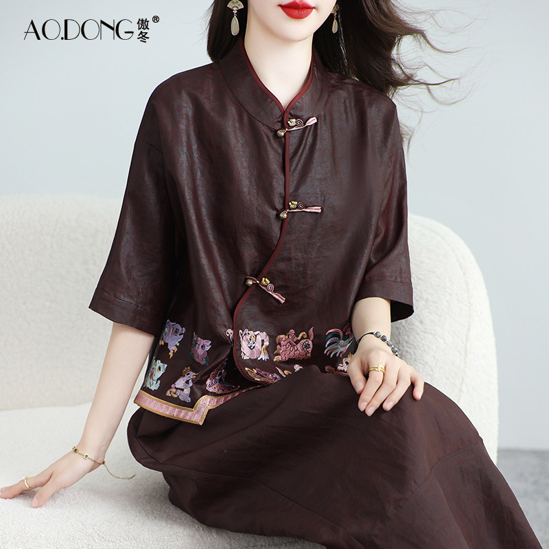 真丝新中式香云纱上衣女复古刺绣衬衫重磅国风斜襟桑蚕丝开衫春秋