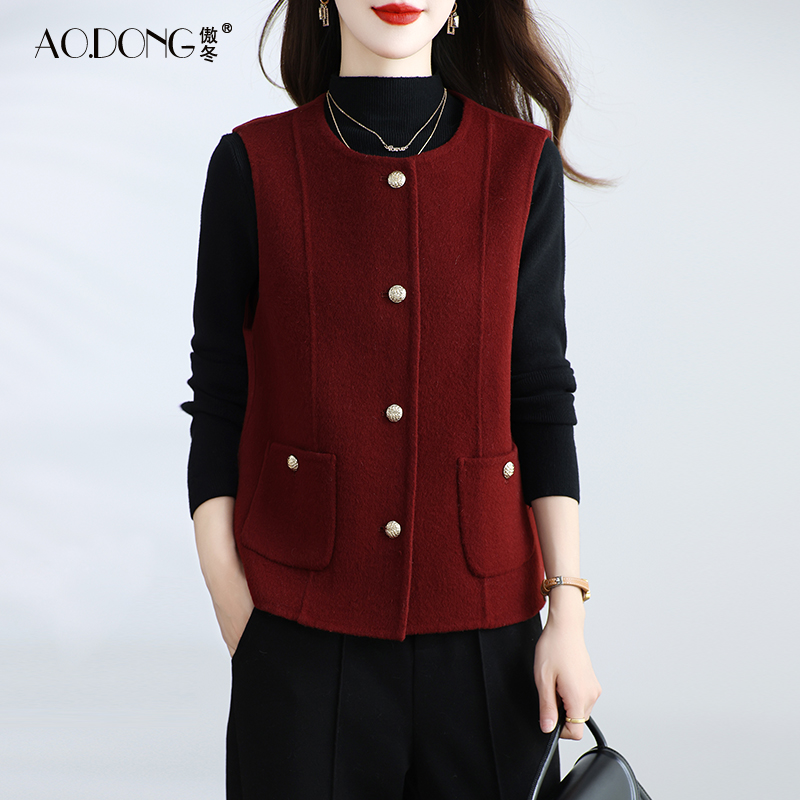 新款双面绒大衣女短款马甲羊毛呢小个子百搭显瘦妈妈背心外套春秋
