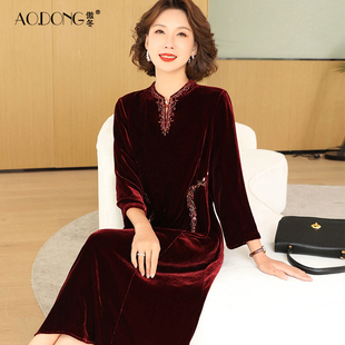 婚宴真丝丝绒连衣裙女喜婆婆桑蚕丝裙子新中式妈妈装刺绣气质春秋