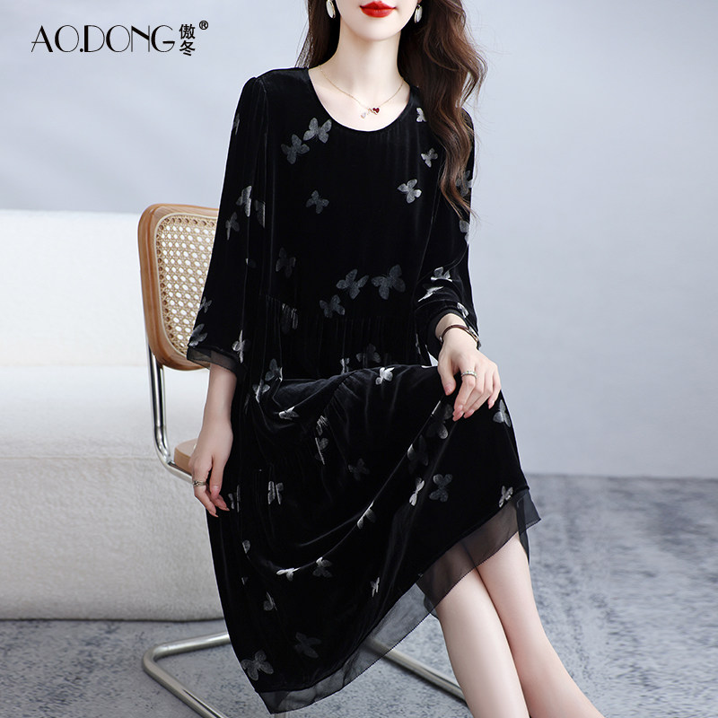 高端杭州真丝丝绒连衣裙女桑蚕丝休闲显瘦妈妈装印花洋气裙子春秋,女装/女士精品,连衣裙,淘宝优惠券,粉丝福利购,淘宝优惠卷