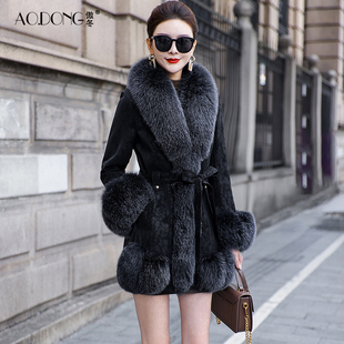 海宁兔毛皮草一体外套女修身狐狸毛领轻奢中长款保暖气质大衣冬季