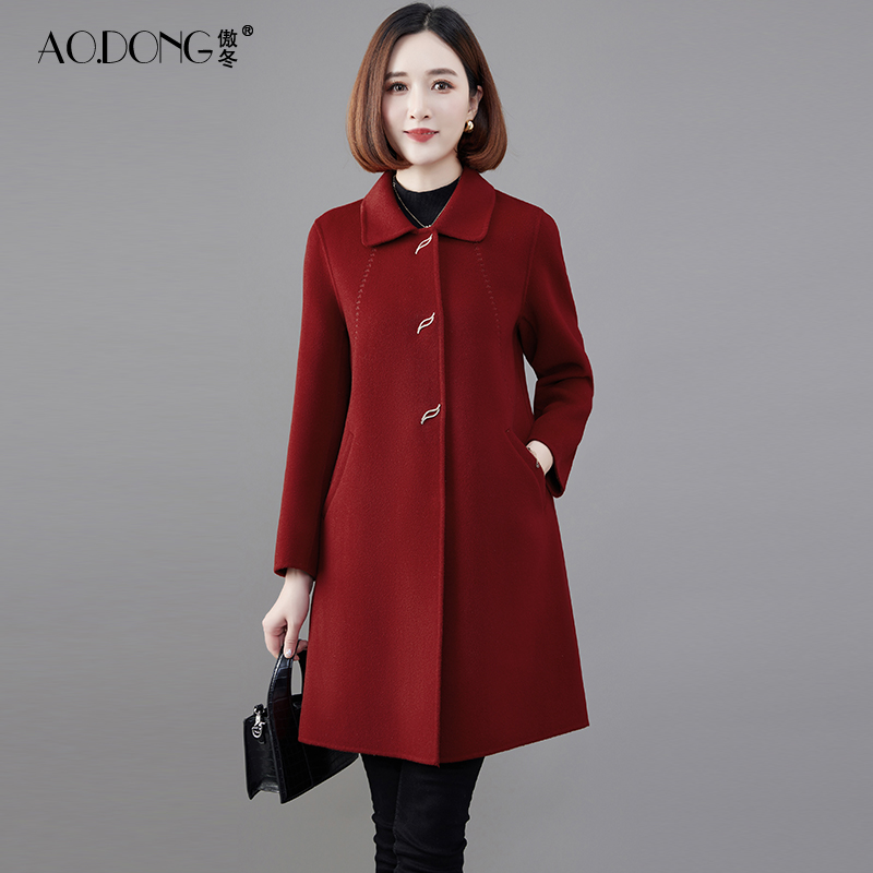 傲冬新款双面绒大衣女中长款秋冬修身红色羊毛呢子妈妈品牌外套