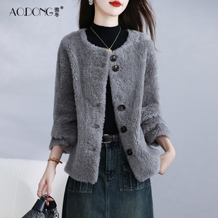 2025新款海宁颗粒绒皮草外套女短款羊剪绒一体妈妈羊羔毛大衣冬季