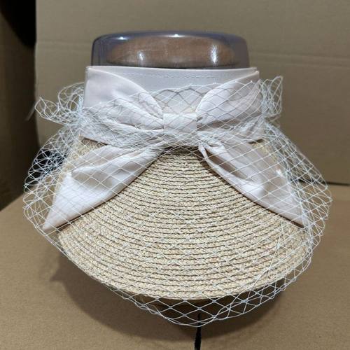 日系拉菲草空顶帽女网纱蝴蝶结