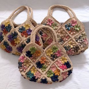 日系草编包度假沙滩包彩色花朵手工编织拉菲草包女夏季 出游手提包