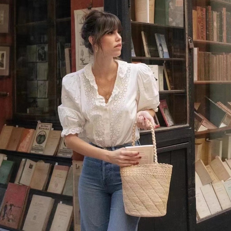 法式度假拉菲草水桶包镂空草编包