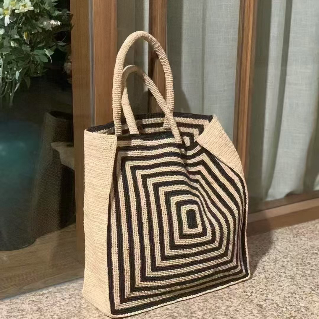 新品黑条纹拉菲草托特包女夏季