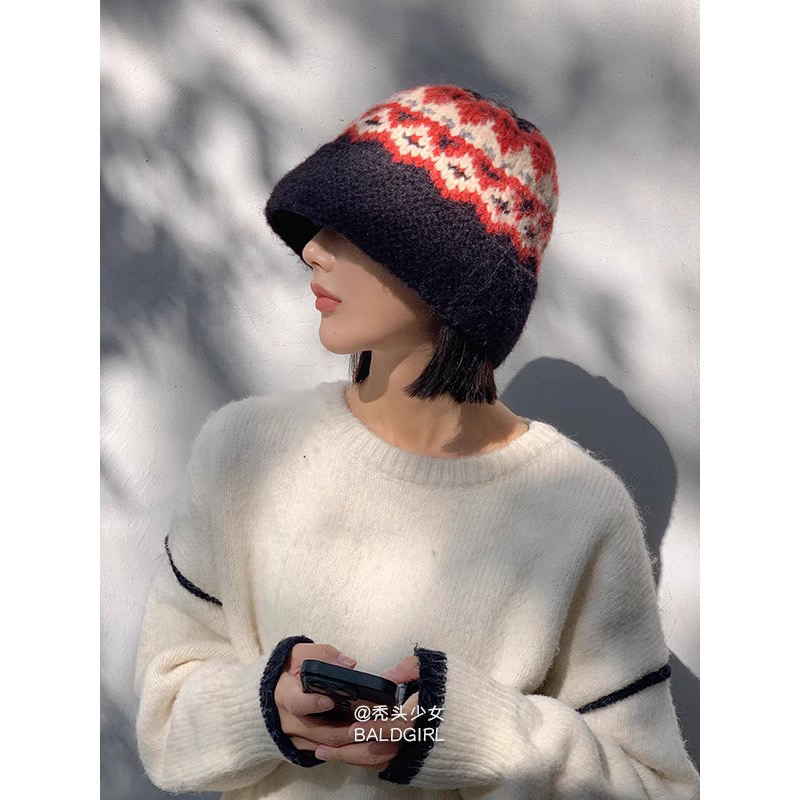 【费尔岛】复古提花羊毛针织毛线渔夫帽女秋冬显脸小卷边盆帽子潮
